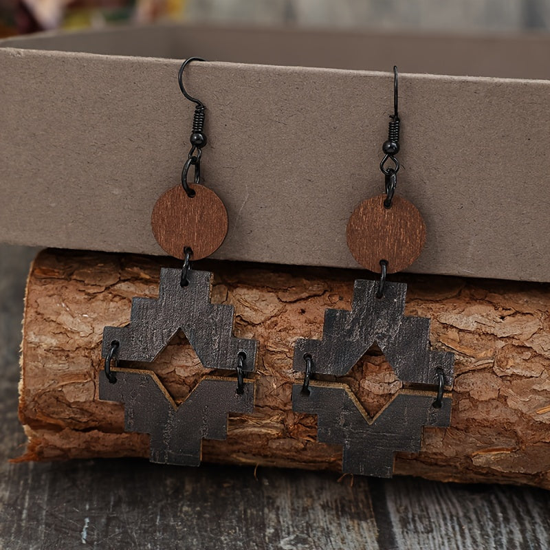 Vintage geometric pattern wooden pendant earrings with iron ear hooks, vintage distressed southwest style pendant earrings for Casual Attire - compatible with all seasons