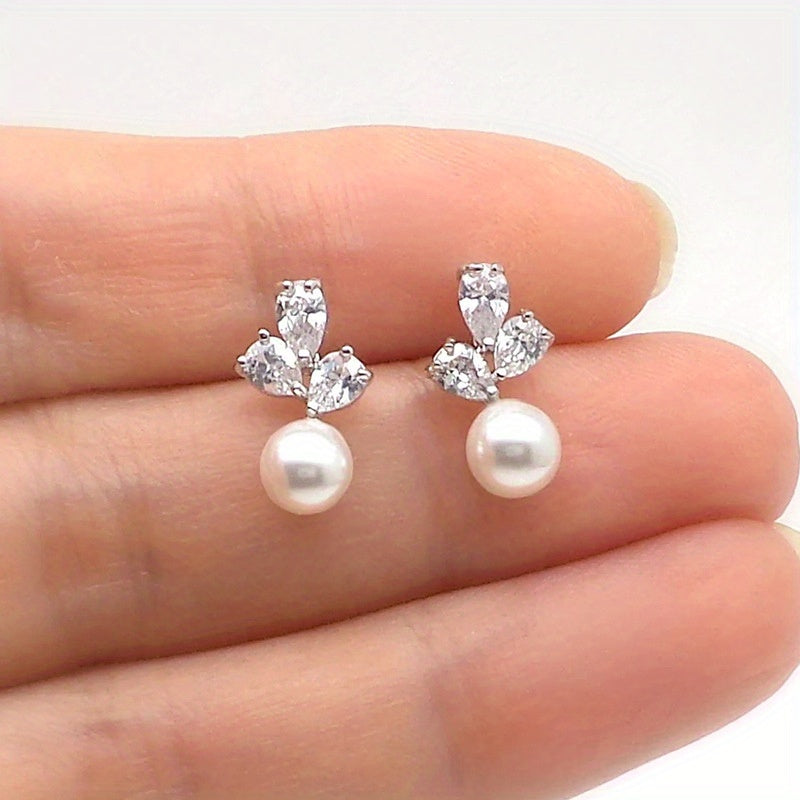 Imitation Pearl Pendant Shiny Zirconia Trim Stud Earrings Vintage Elegant Style Silver Plated Jewelry Wedding Accessories