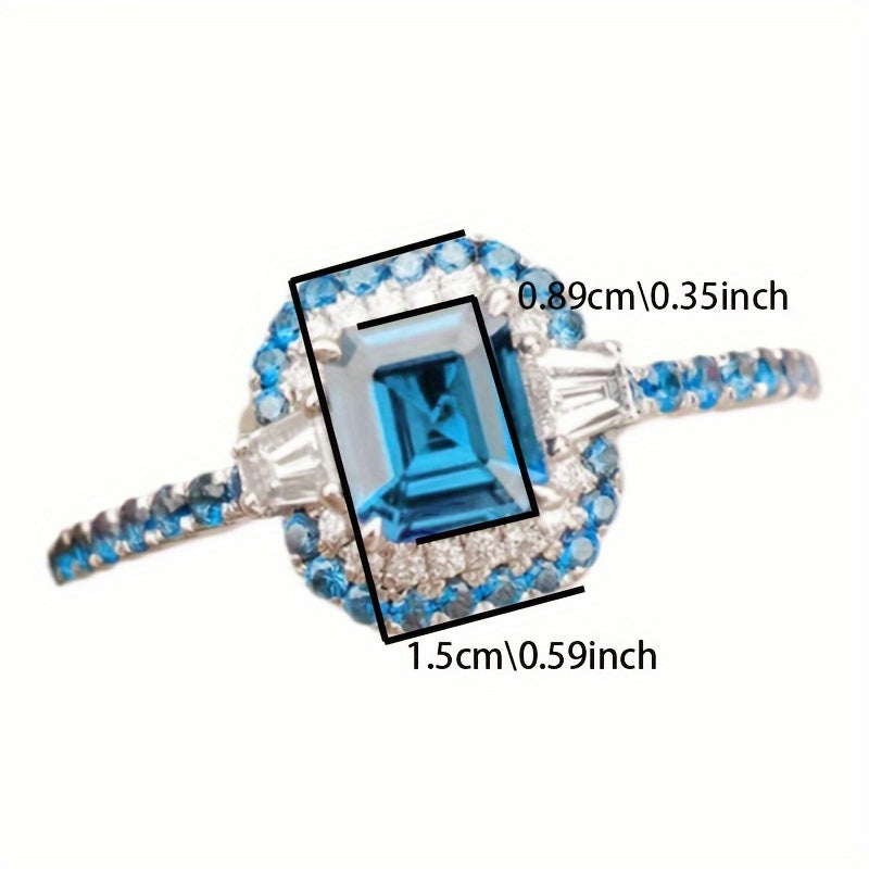 Vintage Square Aquamarine Blue Synthetic Gemstone Ring - Deluxe 4-claw setting with sparkling embellishments, perfect for engagements, weddings, parties and special occasions, copper, perfect for all seasons