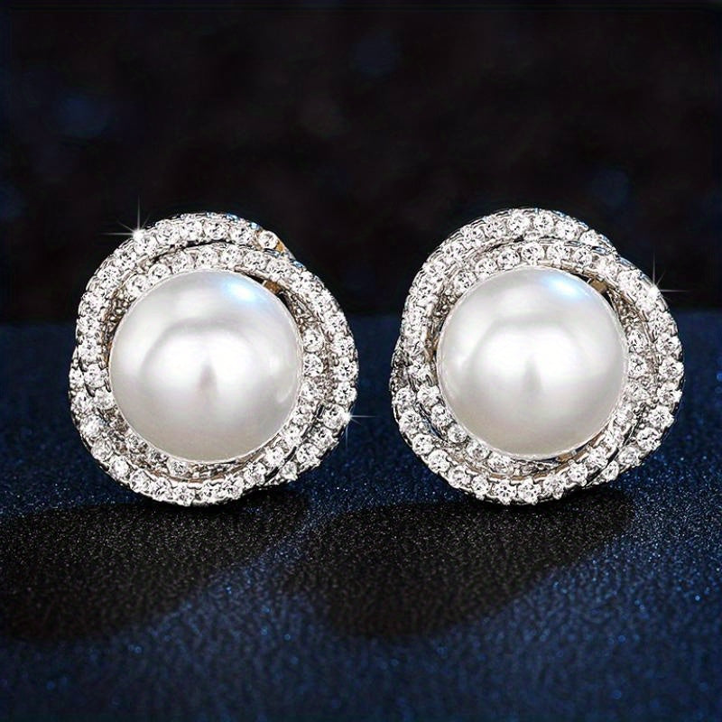 1 pair of classic elegant imitation pearl stud earrings, bridal wedding engagement banquet earrings, pearl earrings