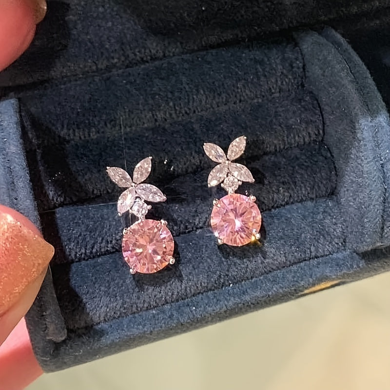 Elegant Pink Cubic Zirconia Flower Pendant Earrings - Nickel Free Copper for Everyday Wear and Parties