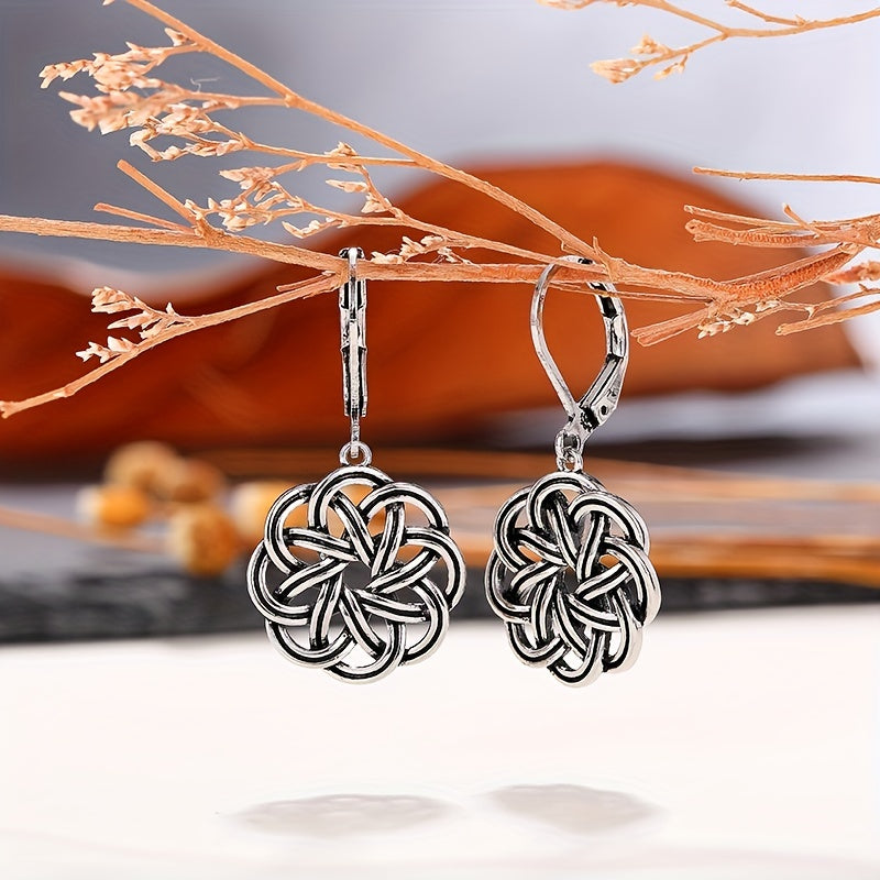 Hollow silver flower design pendant earrings, retro ethnic style, copper silver-plated jewelry, fashionable gifts for women and girls