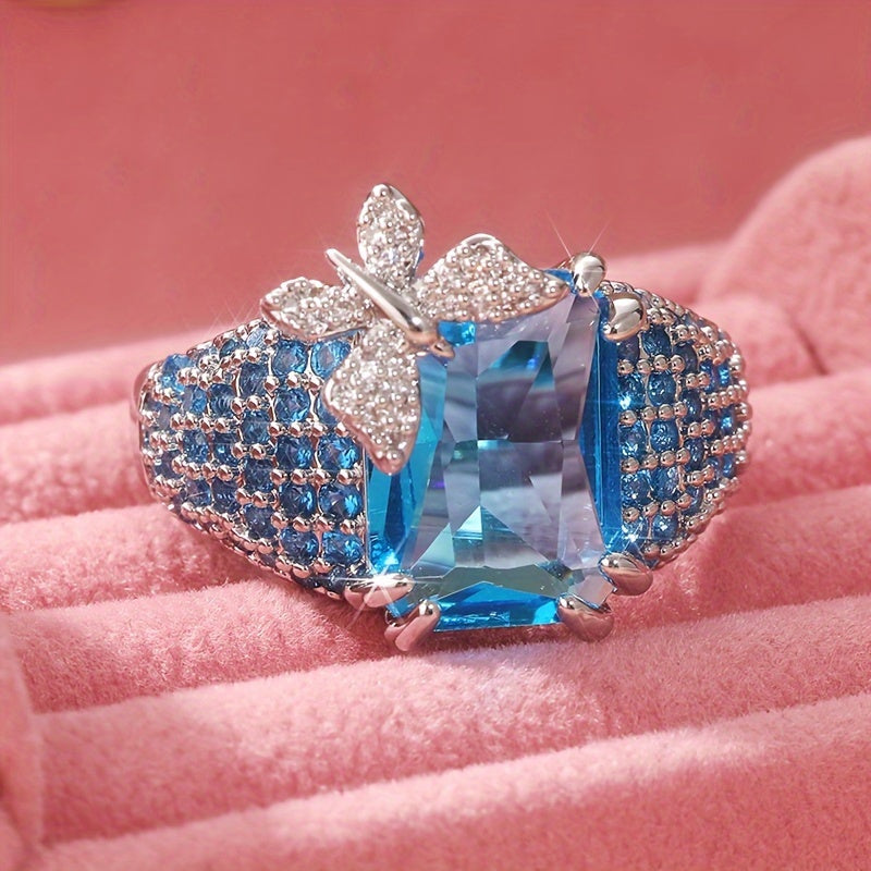 Luxury Blue Topaz Butterfly Cocktail Ring, Gemstone Retro Ring, Big Butterfly Inspiration Ring, Women's Party Wear Ring