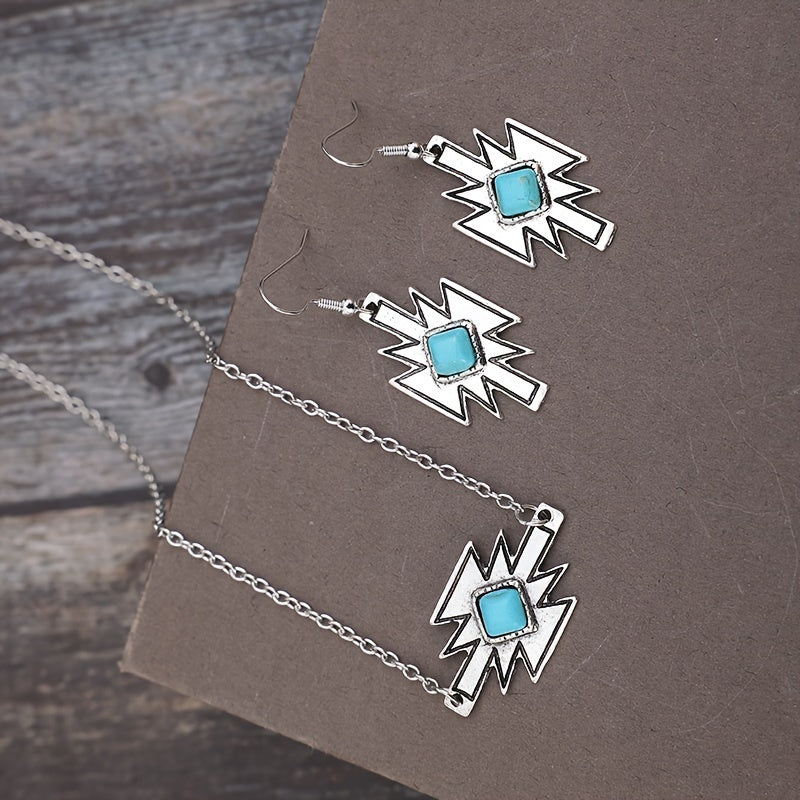 Bohemian style inlaid square turquoise geometric pendant necklace ethnic style pendant necklace silver plated accessories