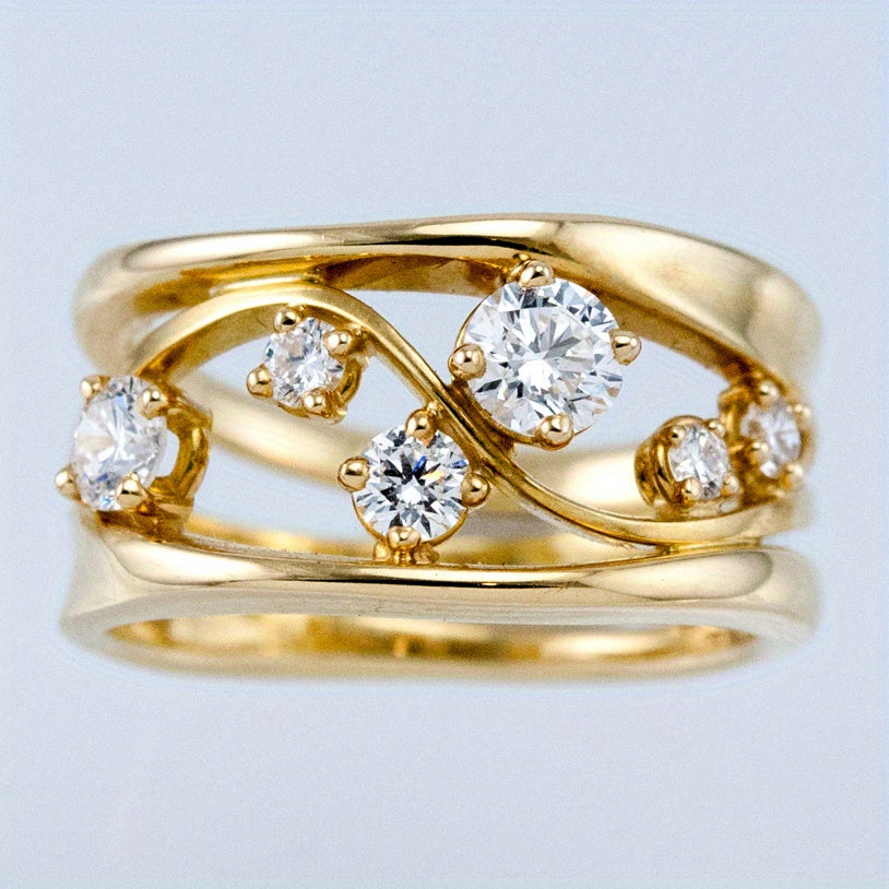 Exquisite 18K Gold Plated 4 Claw Hollow Out Band Ring Inlaid Shiny zirconia For Bridal Engagement Promise Jewelry