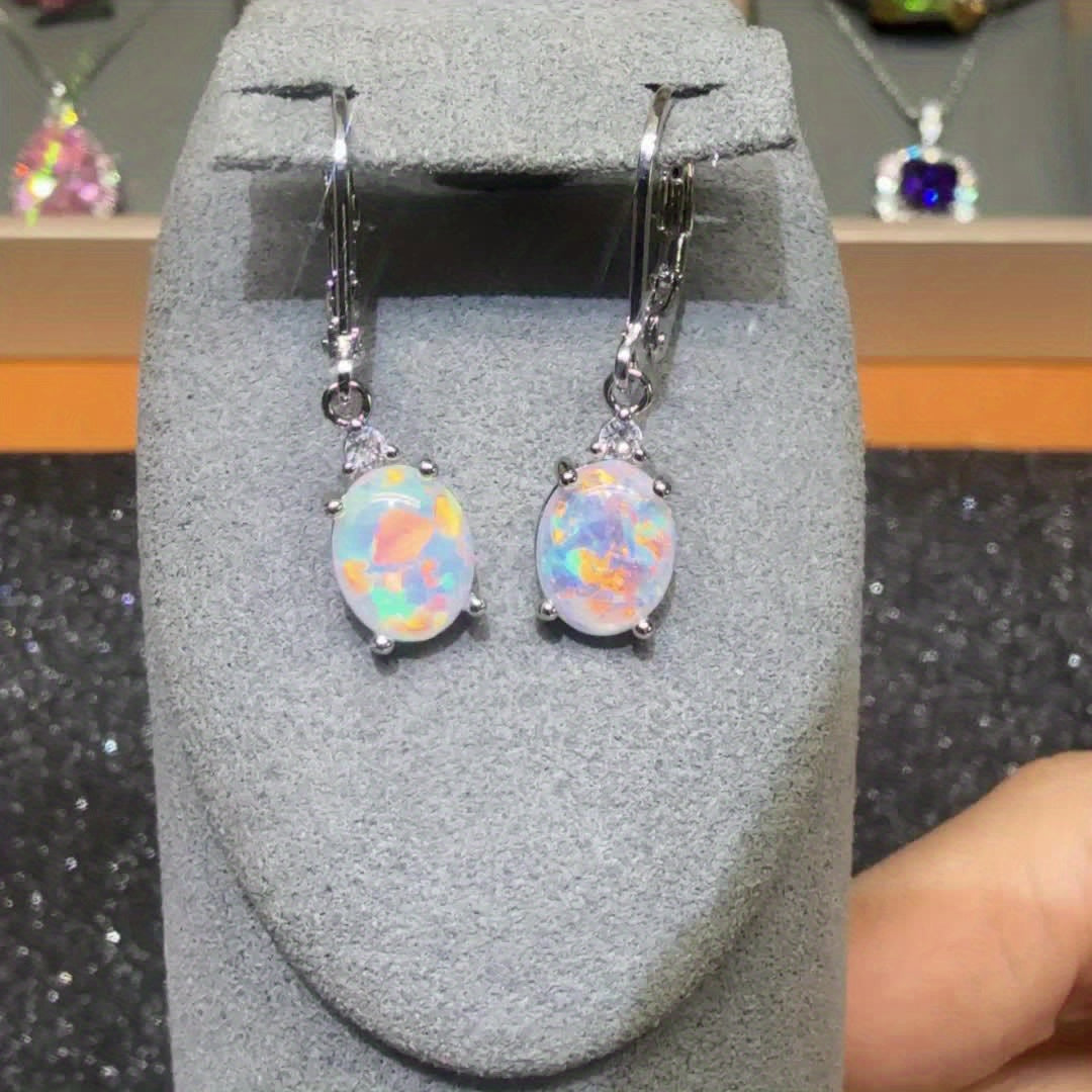 1 Pair of Silver Lever Earrings, White Fire Opal, Bohemian Elegance, Oval Egg Birthstone Pendant Earrings, Charming Ladies Jewelry Gift