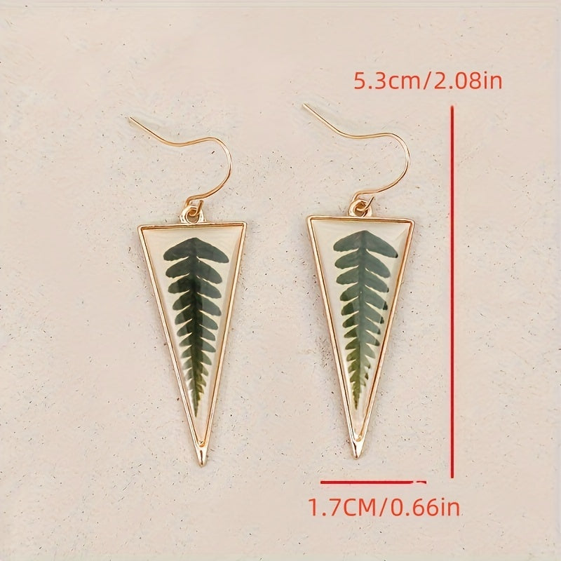 Transparent triangular green leaf pattern pendant earrings retro minimalist style alloy jewelry holiday earrings