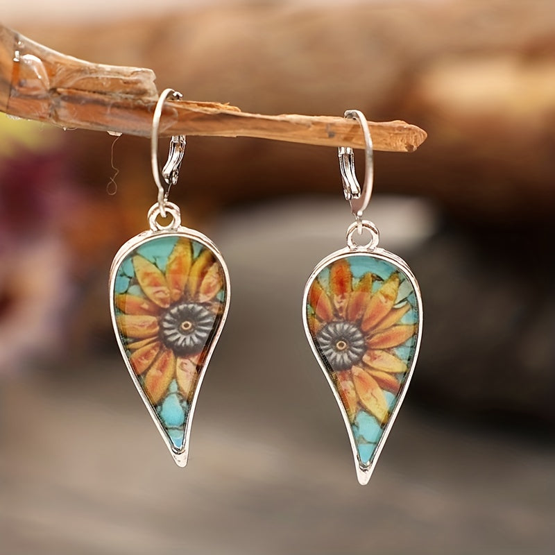 Irregular droplet sunflower pattern retro pendant earrings retro vacation style alloy jewelry exquisite female gift