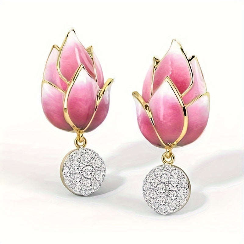 Ladies Elegant Flower Stud Earrings - Synthetic Zirconia Pendant, Nickel Copper, Enamel Pink Lotus Design, April Birthstone, Valentine's Day Gift, Perfect for Everyday and Party Occasions - A Pair