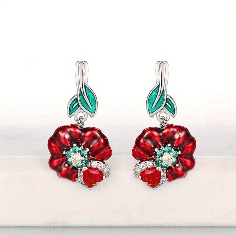 Women's red flower zircon drop earrings, romantic wedding party jewelry