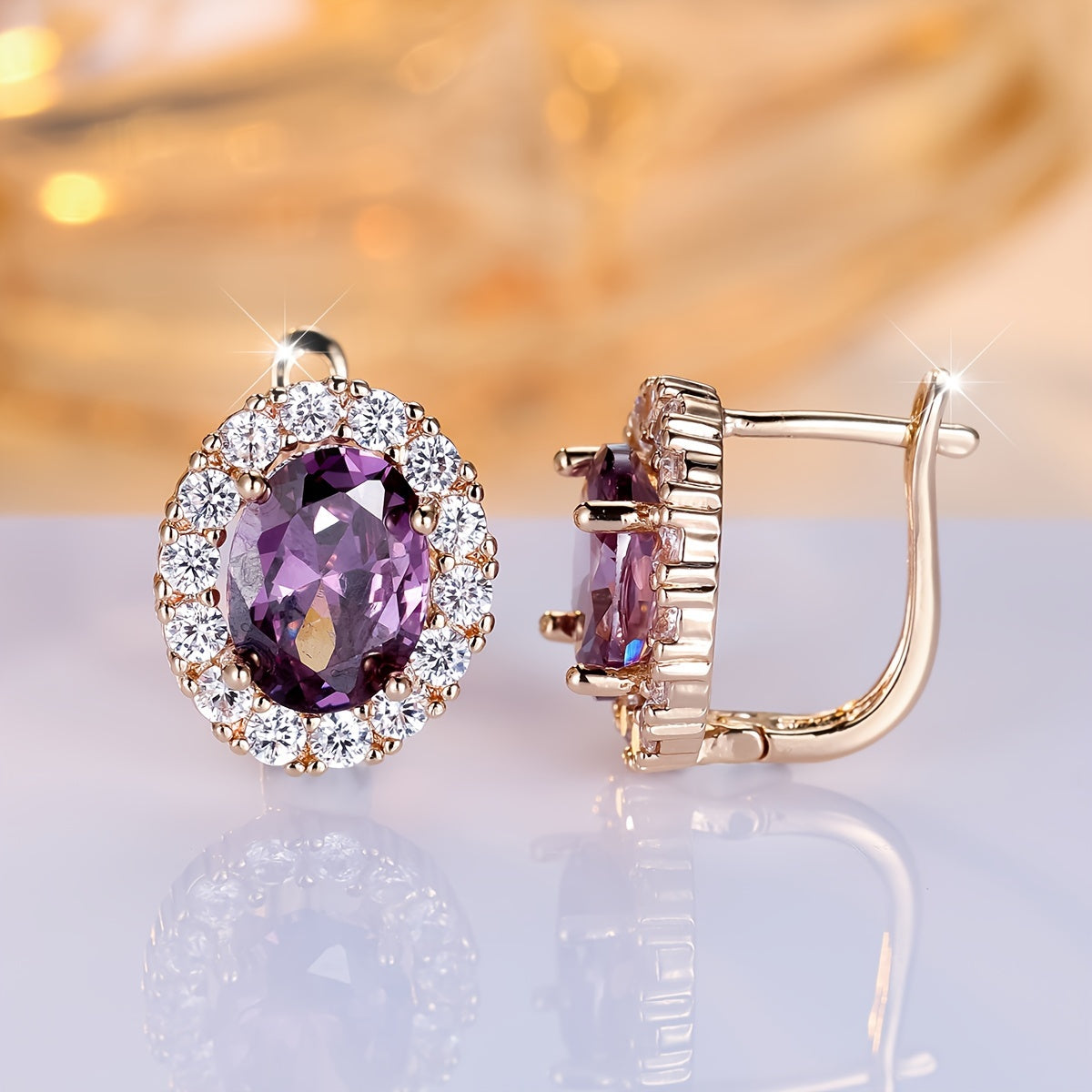 Elegant Purple Zirconia Pendant Earrings - Luxury Gold Oval Cut, Stackable Four Seasons Design - Perfect for Valentine's Day or Halloween Gifts, Holiday Earrings for Winter and New Year