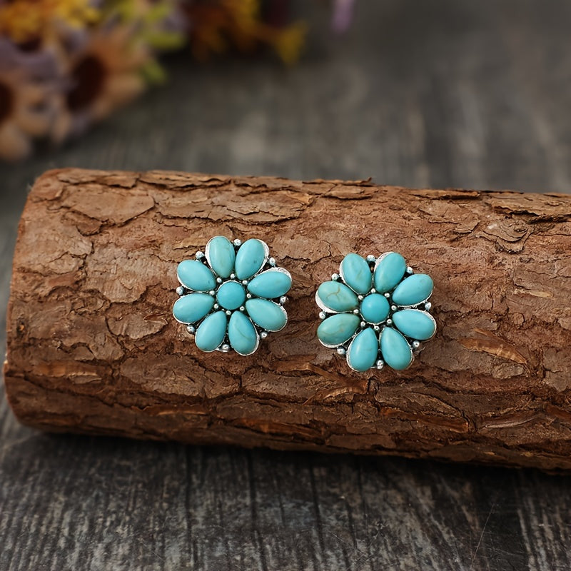 A new pair of retro bohemian flower inlaid synthetic turquoise earrings
