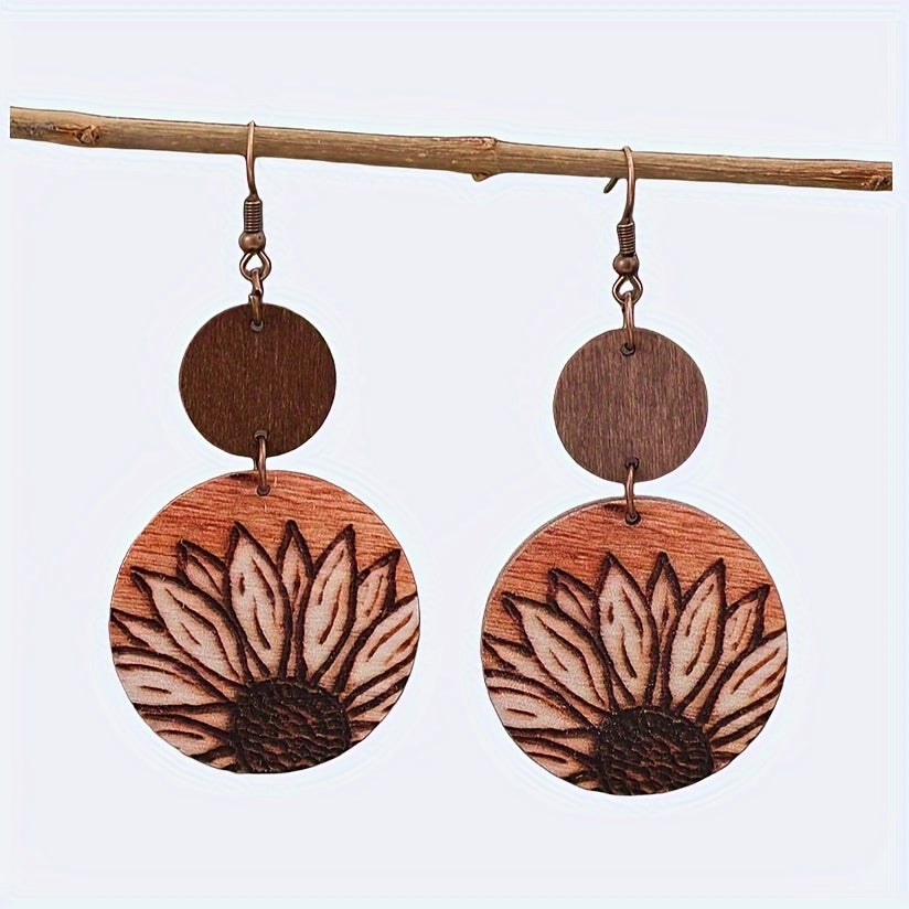 Vintage Style Bohemian Sunflower Wooden Pendant Earrings - Rustic Geometric Design, 3D Printed, Iron Hook, Perfect for Casual Clothing and Gifts, Quirky Earrings