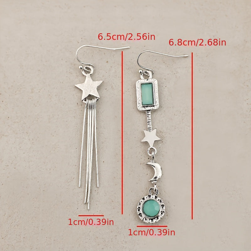 Fashion Asymmetrical Star Moon Tassel Pendant Earrings, Glass Inlay - Ladies Silver Alloy Fashion Jewelry
