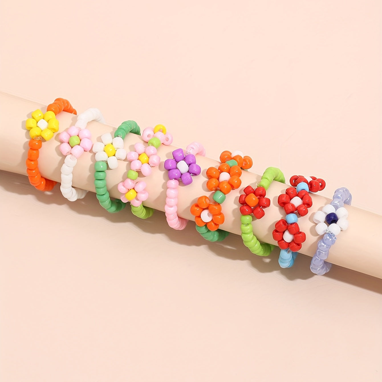 9-Piece Bohemian Stacked Bead Ring Colorful Flower Designs Mix and Match Daily Outfit Sweet Gifts