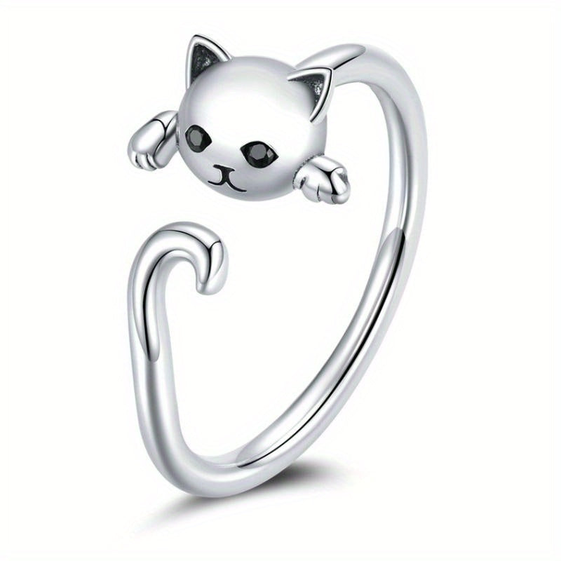 Ladies' Casual Party Jewelry, Cute Cat Shaped Black Jewel Eye 925 Silver Plated Open Ring