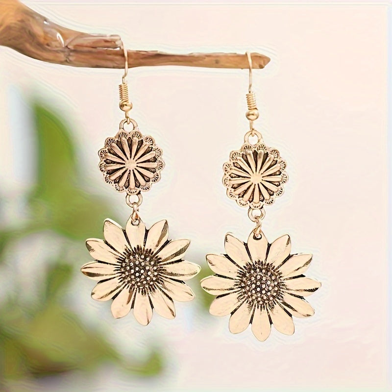 A pair of Women's fashion pendant earrings, sunflower flower temperament elegant retro bohemian style, suitable for daily versatile gifts