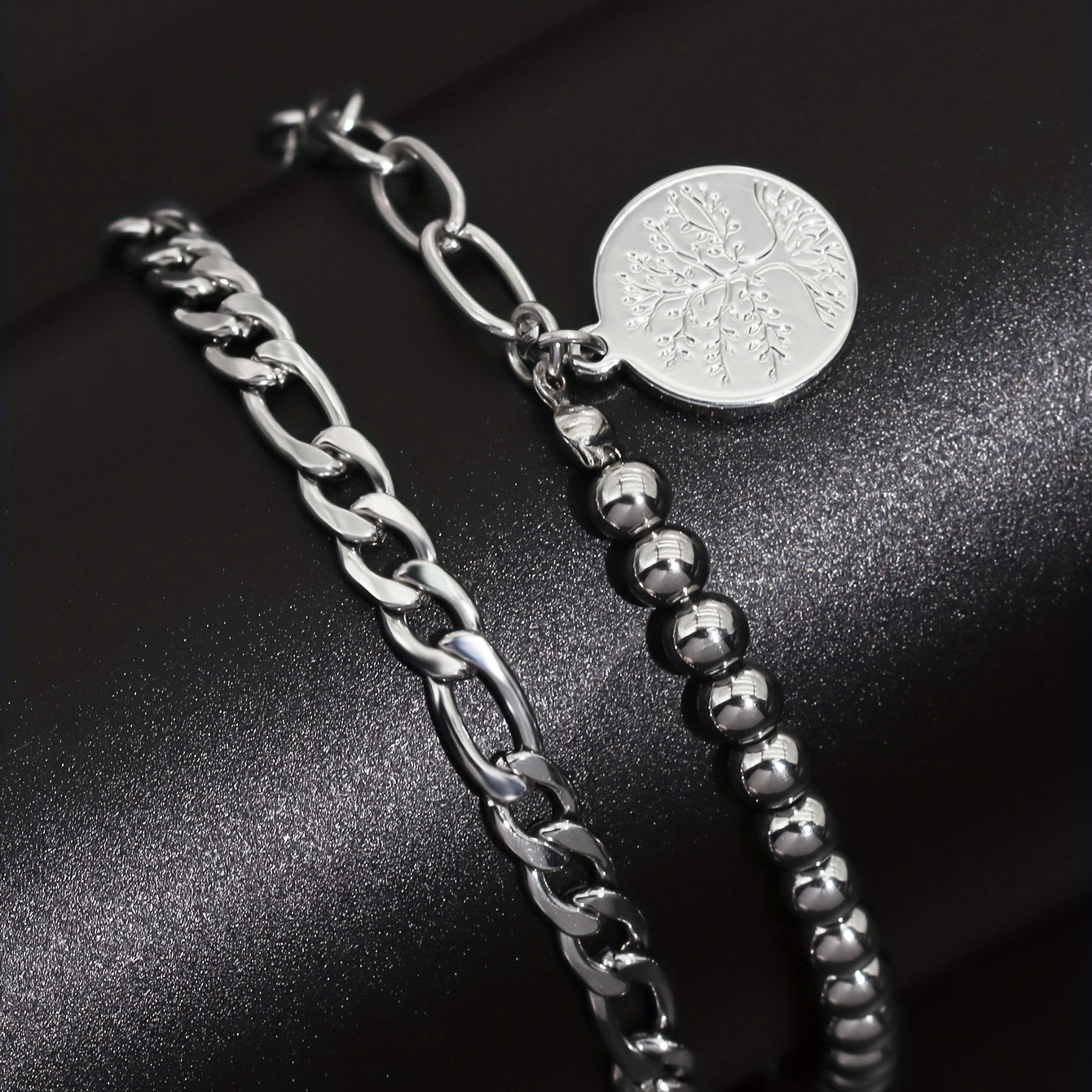 Two Punk Style Tree of Life Copper Pendant Stainless Steel Chain Men's Bracelet Set for Party, Casual, Holiday and Travel Accessories