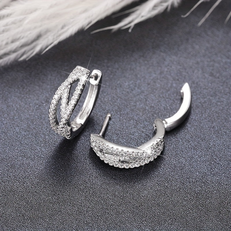 1 Pair Cross-twisted Interwoven 925 Silver-plated Zirconia Ring Earrings for Women's Everyday Casual Fashion Accessories