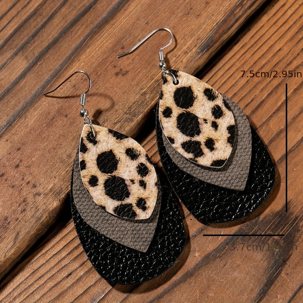 Retro-style multi-layer teardrop PU leather earrings with leopard print and gradual change design - stylish personality jewelry for casual wear or parties