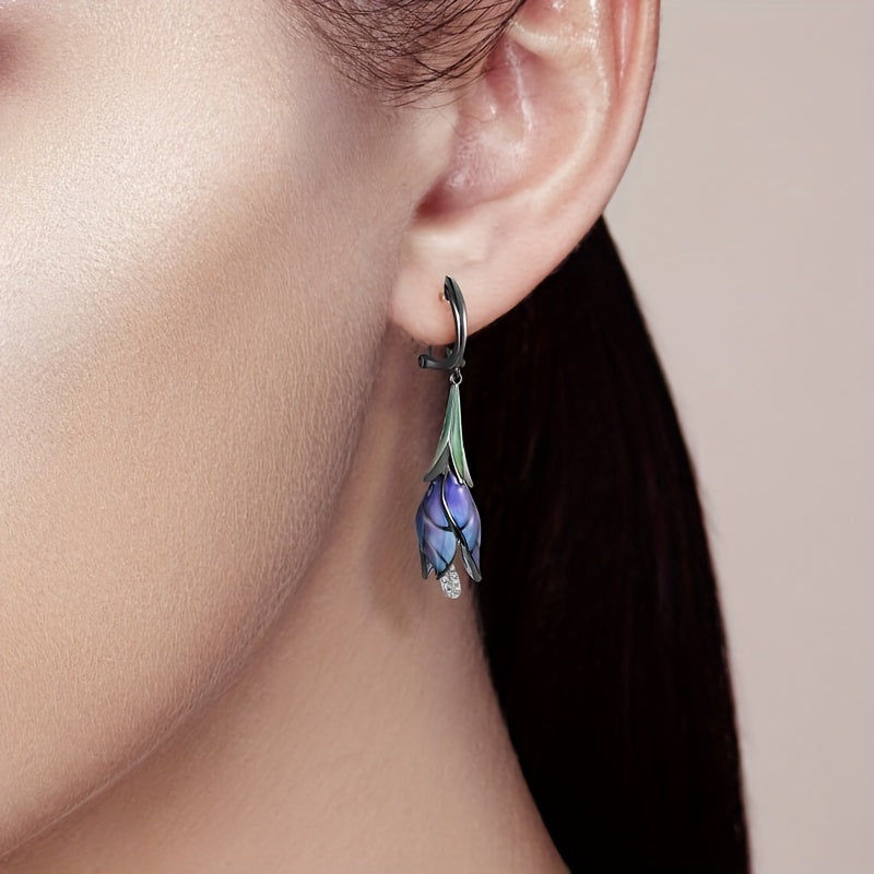 Bohemian Charm Pendant Earrings - Ladies Retro Floral Design, Galvanized Nickel Free Copper, Inlaid with Cubic Zirconia, Suitable for Parties and Daily Wear