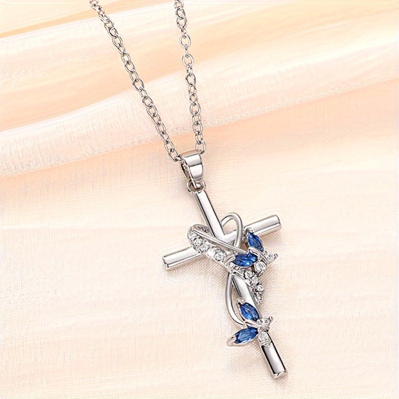Elegant Silver Plated Cross and Vine Pendant Necklace with Aquamarine Butterfly - Perfect for Weddings, Engagements and Casual Decorations
