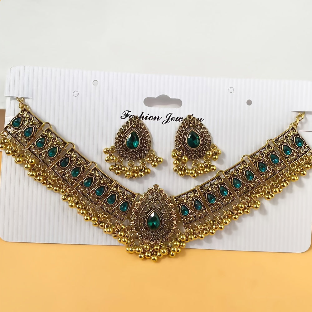 Bollywood style 1 pair of earrings + 1 necklace retro jewelry set retro design inlaid with gemstones with daily clothing party accessories