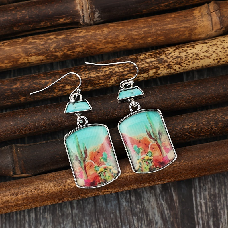 A pair of retro western style desert cactus Epoxy square alloy earrings, simple female Epoxy earrings