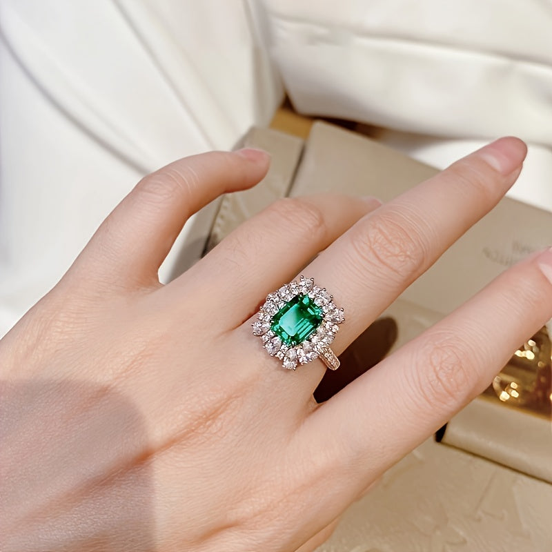 Elegant commitment ring, noble sunflower design, set with crystal stone, rectangular shape, suitable for engagement/wedding rings, luxury jewelry imitation.