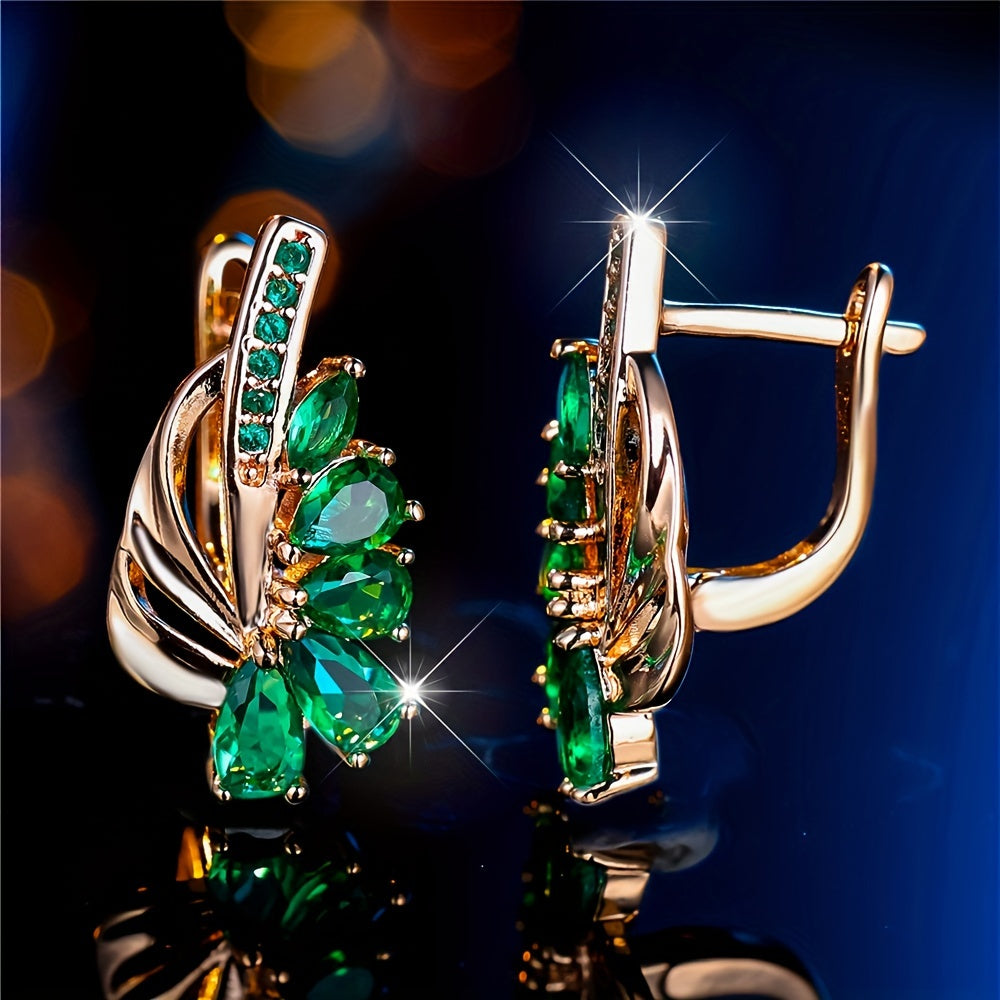 Ladies Elegant Green Teardrop Leaf Flower Pendant - Gold Copper with Cubic Zirconia, Suitable for Weddings and Gifts