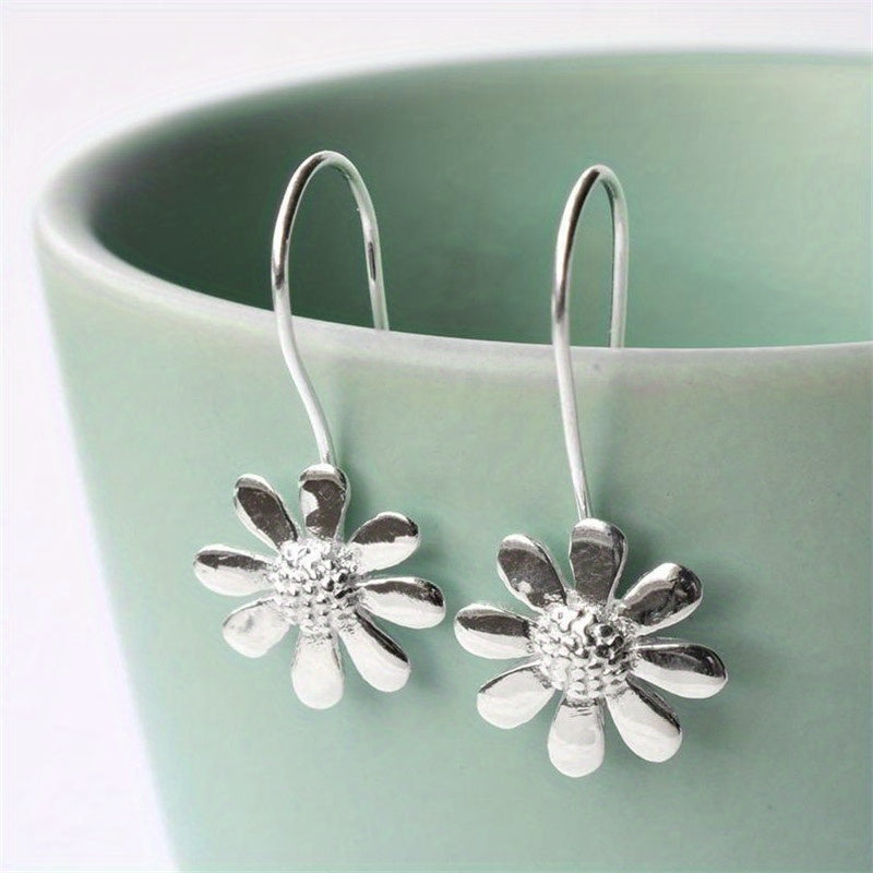 Minimalist Sunflower Pendant 925 Silver Plated Flower Hook Earrings Women's Casual Accessories
