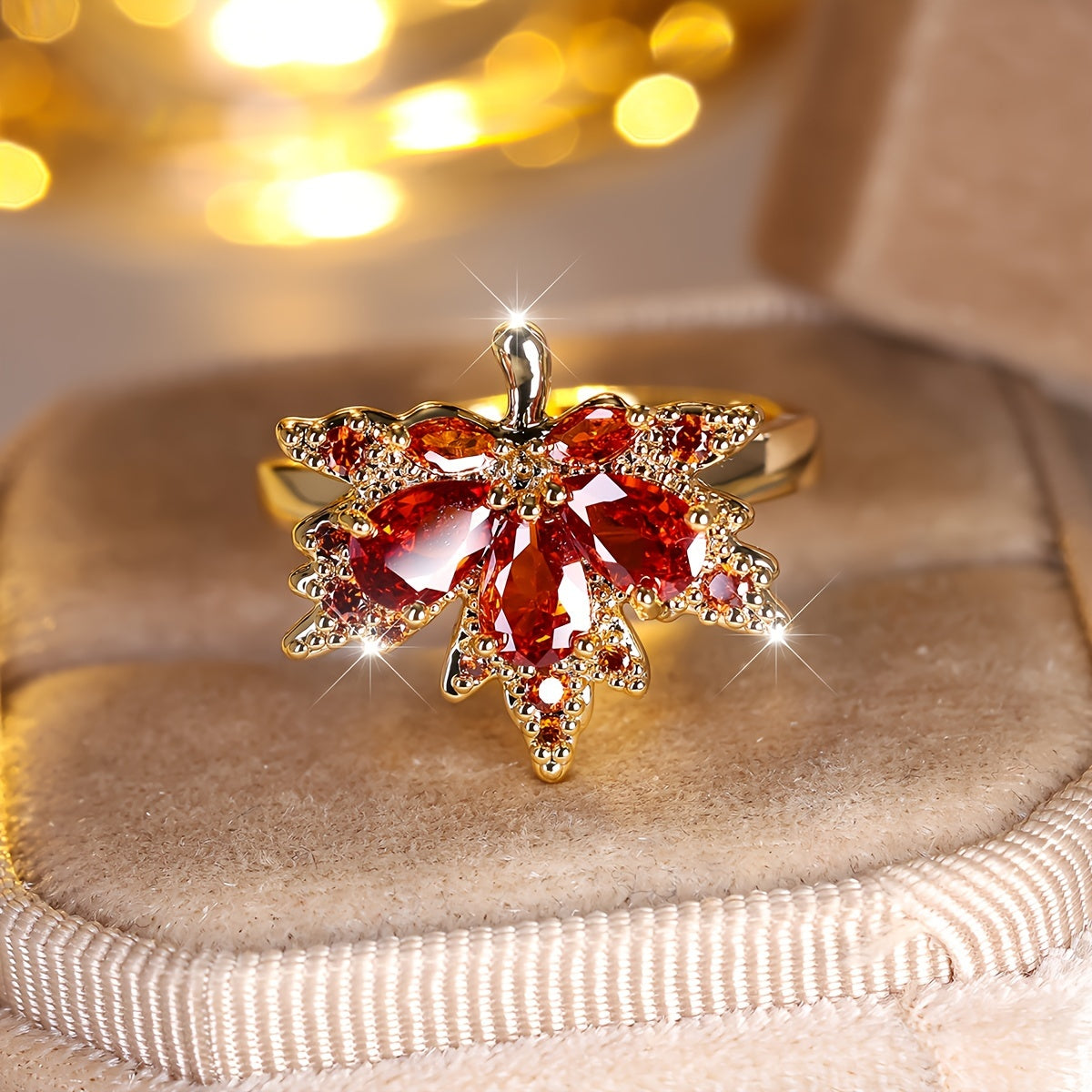 Maple Leaf Zircon Halo Ring Elegant Copper Wedding Engagement Ring Banquet Wear Jewelry