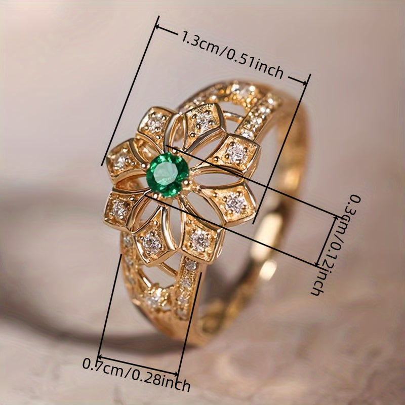 Vintage Hollow Inlaid Synthetic Emerald Synthetic Gemstone Flower Ring Ladies Wedding Daily Casual Wear Matching Jewelry Anniversary Gift