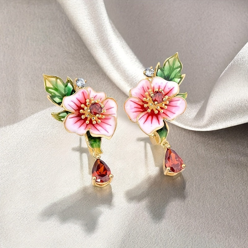 Exquisite floral-set synthetic ruby pendant earrings for ladies' vacation parties and everyday casual accessories