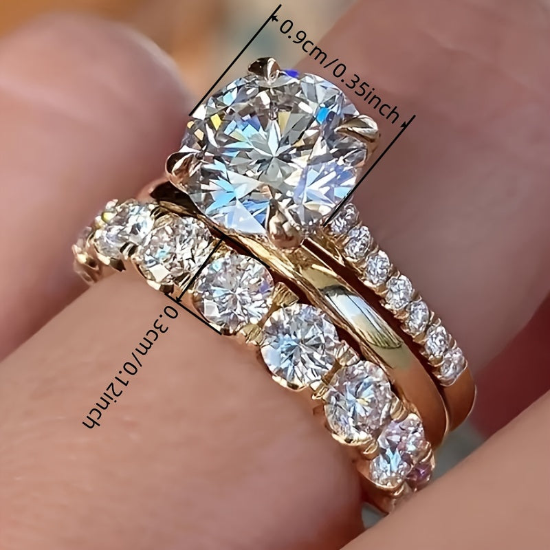 Luxurious and elegant three-piece zircon bridal ring set for women - four-claw inlay, copper-bottomed jewelry, festival, wedding and gift preparation, perfect for carnival celebrations