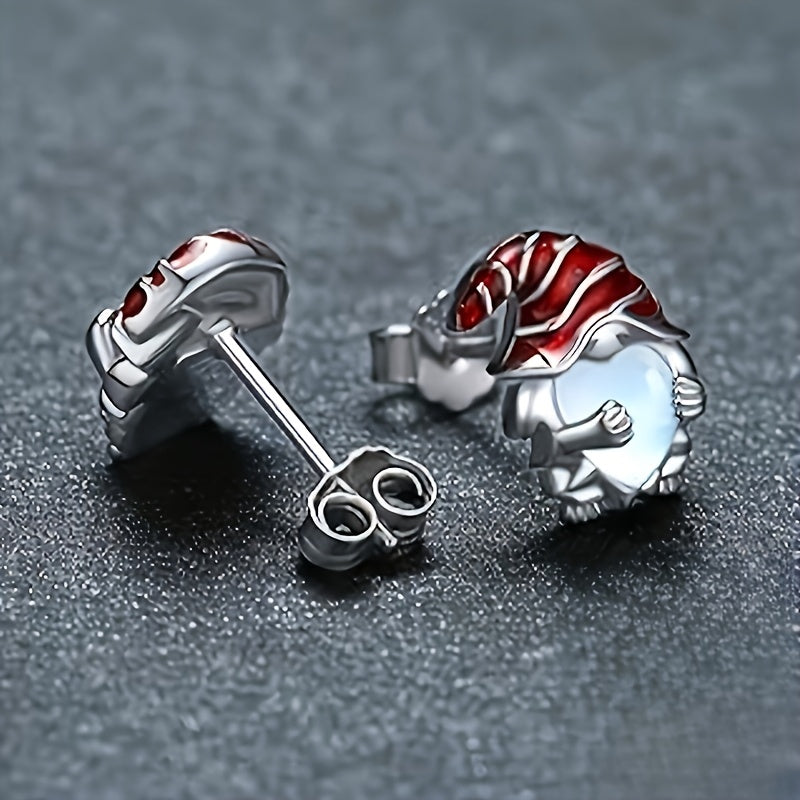 Elegant and cute moonstone heart stud earrings with red Christmas hat - nickel-free copper for everyday wear or holiday parties