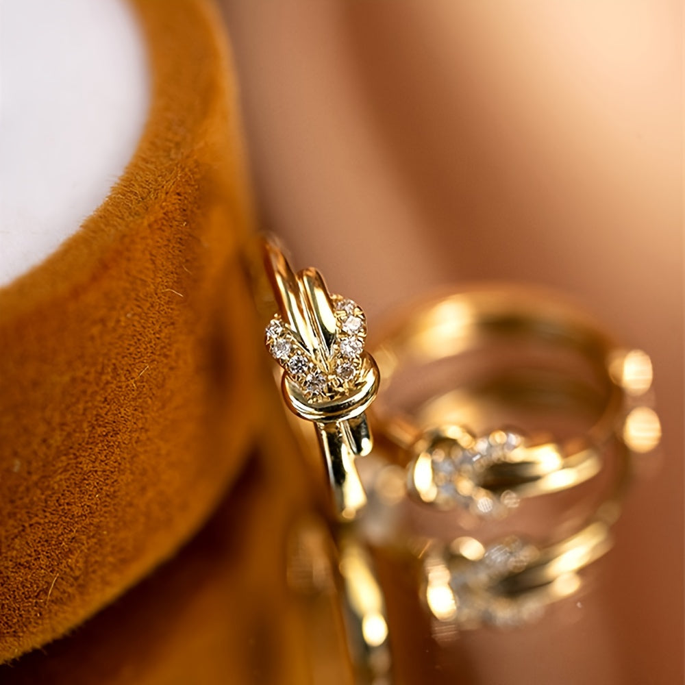 Compact twisted knot design ring earrings, copper jewelry, zircon inlaid, elegant casual style, women's daily wear