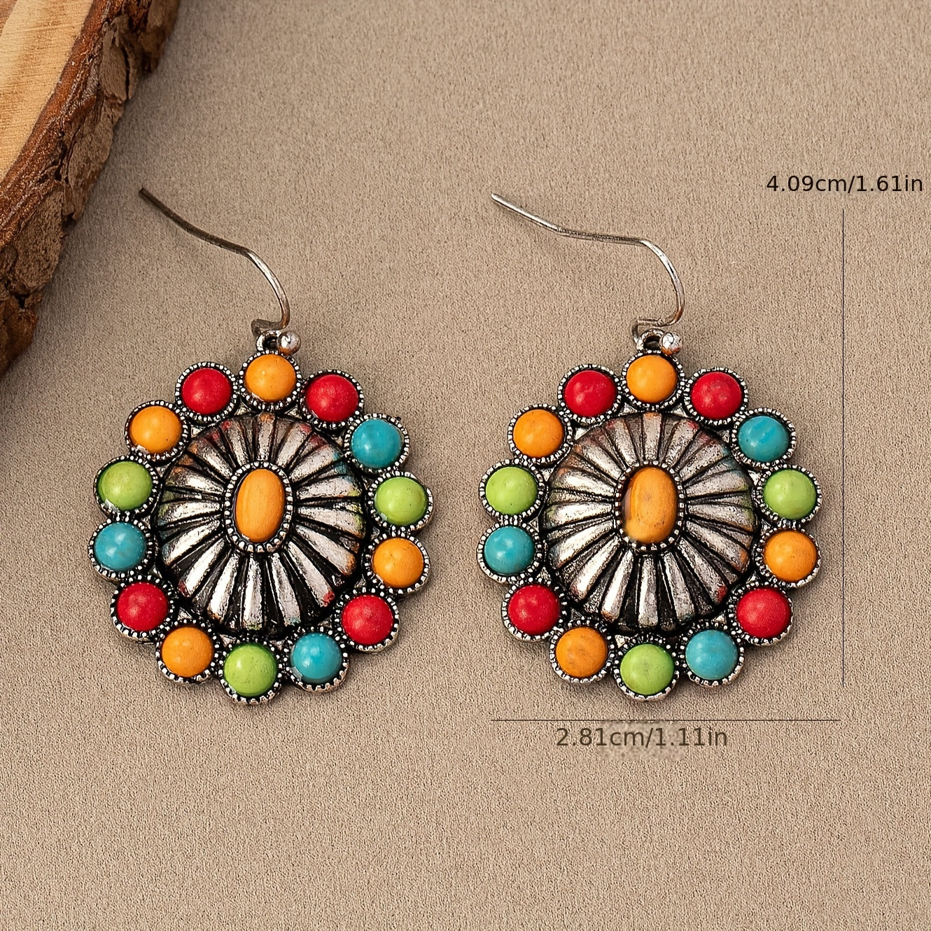 Vintage Sunflower Design Colourful Bead Inlaid Drop Earrings Bohemian Vacation Style Zinc Alloy Jewelry Travel Souvenirs