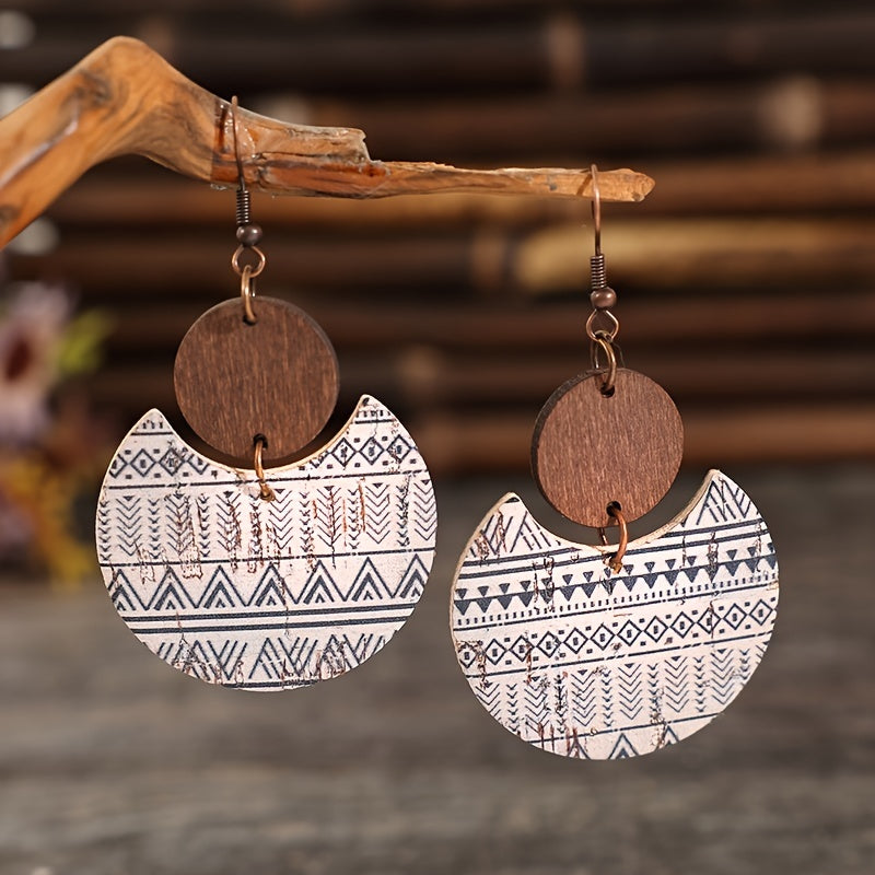 Trendy women's gifts, showing a thick crescent-shaped symmetrical geometric pattern pendant earrings, retro bohemian resin jewelry