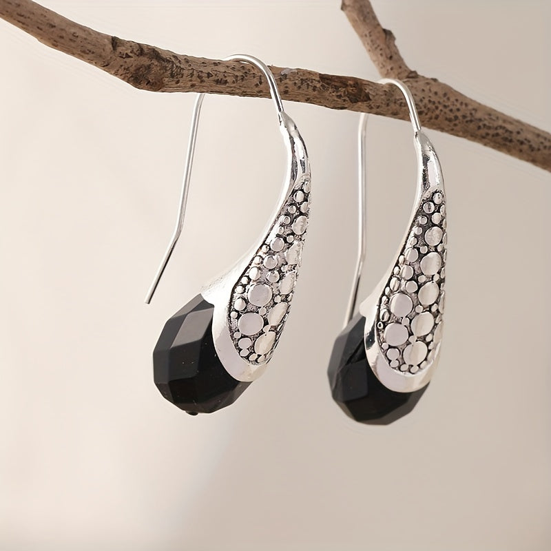 Retro metal hand-carved pattern earrings with black stone hook earrings