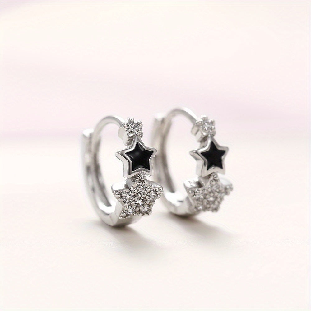 Fashion 925 Silver Plated Zirconia Black Enamel Star Ring Earrings Women's Casual Accessories