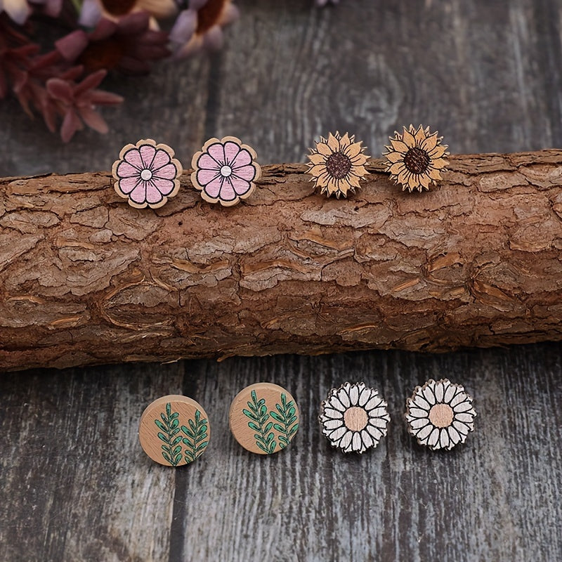 Four pairs of rustic wooden stud earrings, pastoral spring flower design, suitable for ladies' vacation and rustic jewelry accessories