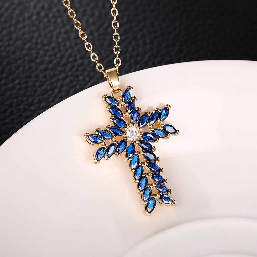 18k Golden Plated Blue Zirconia Cross Pendant Necklace Jewelry For Women Girls