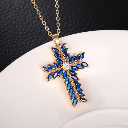 18k Golden Plated Blue Zirconia Cross Pendant Necklace Jewelry For Women Girls