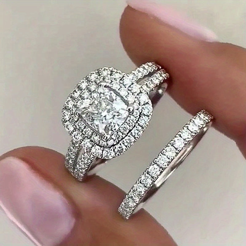 2-Piece Bridal Ring Set, Ladies Silver Zircon Ring, Romantic Engagement and Proposal Gift Jewelry