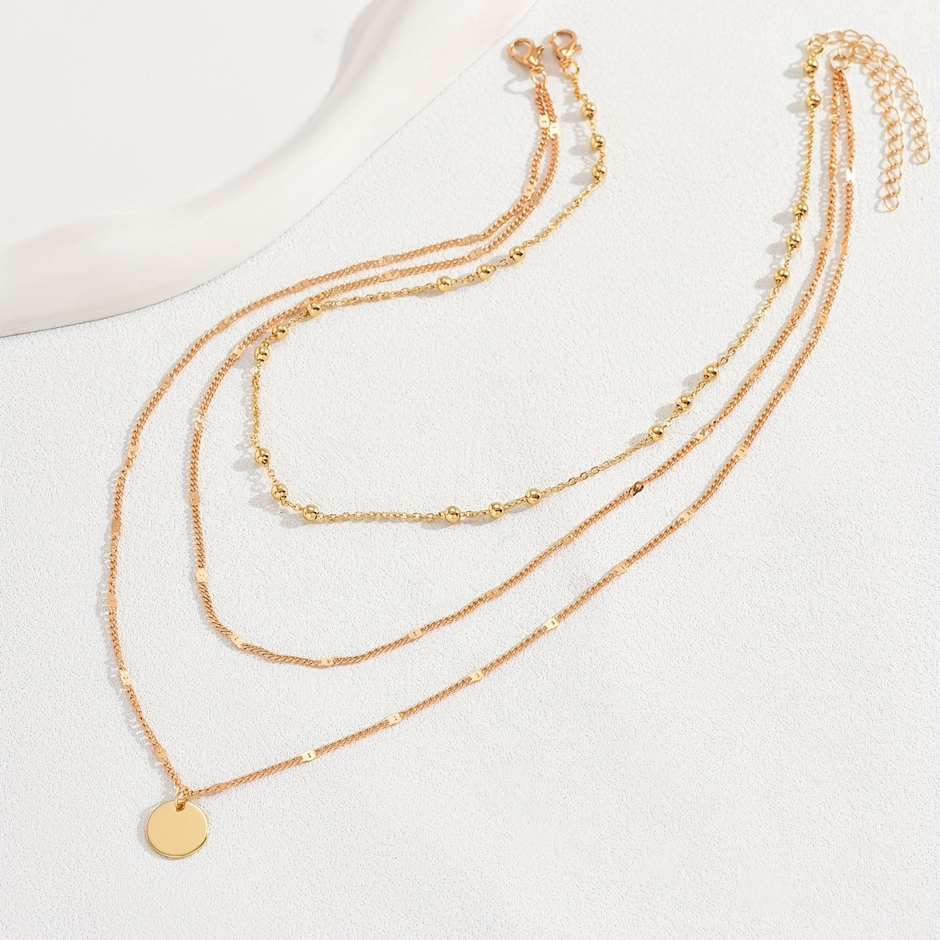 Vintage Gold Layered Bead Chain Necklace with Round Pendant for Ladies - Perfect for Everyday Wear and Parties