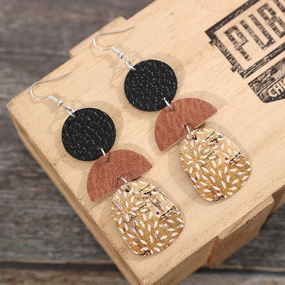 Vintage Round Semicircular Stitching Polka Polka Dot Drop Earrings Vintage Elegant Style PU Leather Jewelry Fashion Women's Gifts Autumn and Winter Earrings