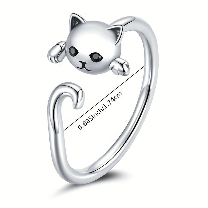 Ladies' Casual Party Jewelry, Cute Cat Shaped Black Jewel Eye 925 Silver Plated Open Ring