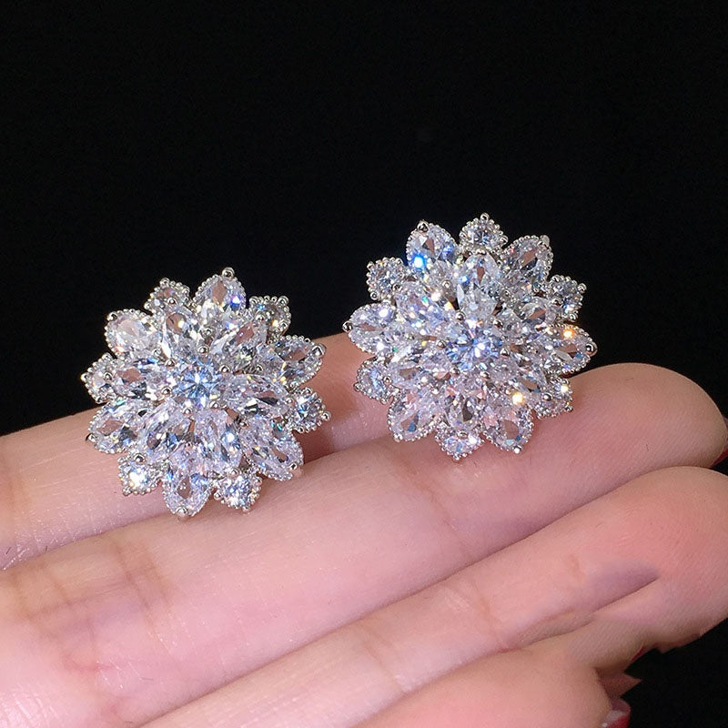 Elegant Bridal Flower Earrings with Sparkling Zirconia - Nickel Free Copper for Weddings and Special Occasions, April Birthstones, Four Seasons Wear, Wedding Accessories