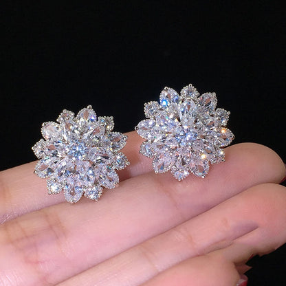 Elegant Bridal Flower Earrings with Sparkling Zirconia - Nickel Free Copper for Weddings and Special Occasions, April Birthstones, Four Seasons Wear, Wedding Accessories